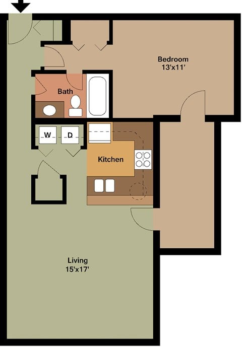 Floor plan for 1 bed, 1 bath, 715 sqft